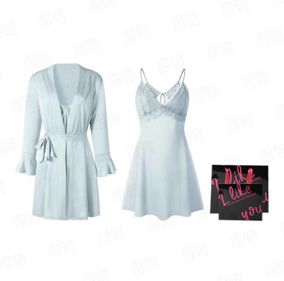 Flow yarn 法式性感蕾丝睡衣女套装夏季薄款 后背镂空家居吊带睡裙 中长款睡袍 两件套 女款