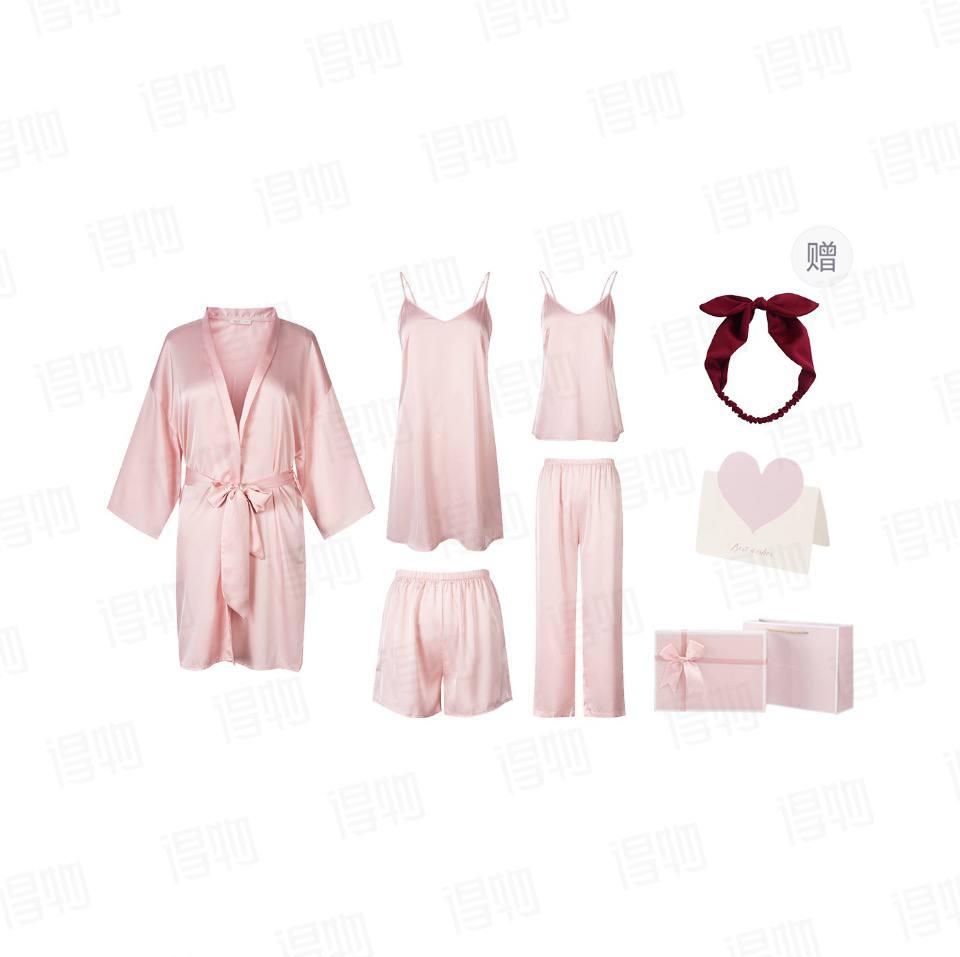 弗利少女 凉感冰丝七分袖结婚晨袍可外穿性感吊带睡裙长短裤睡衣套装 女款